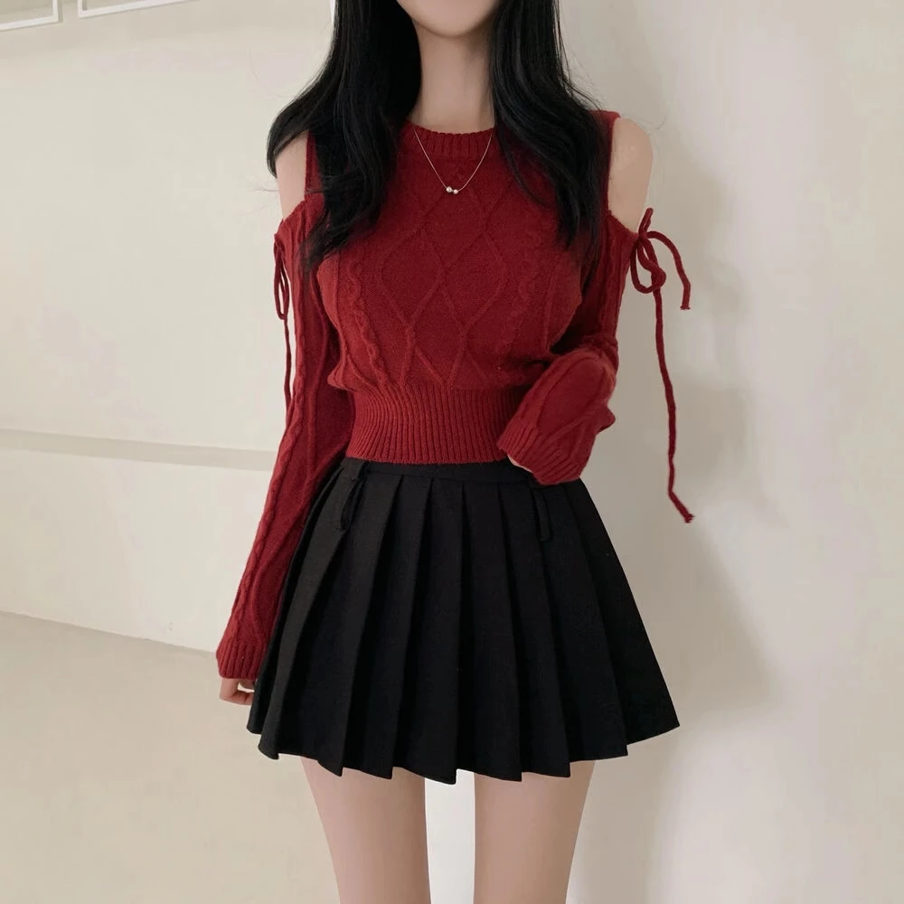 Clothland Women Stylish Off Shoulder Sweater Cut Out Bow Tie Long Sleeve Pullover Knitting Sexy Tops Mujer HA569