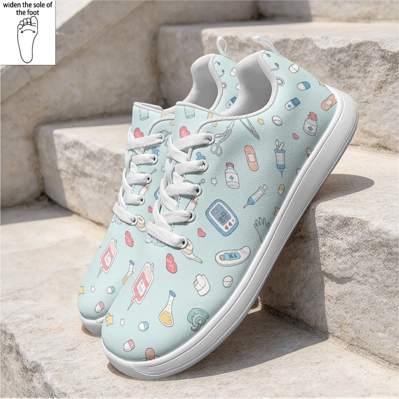 PENSTROLL Cute Medical Icons Wide Width Athletic Fashion Sneakers for Women Office Hospital Slip-Resistant Nursing Shoes