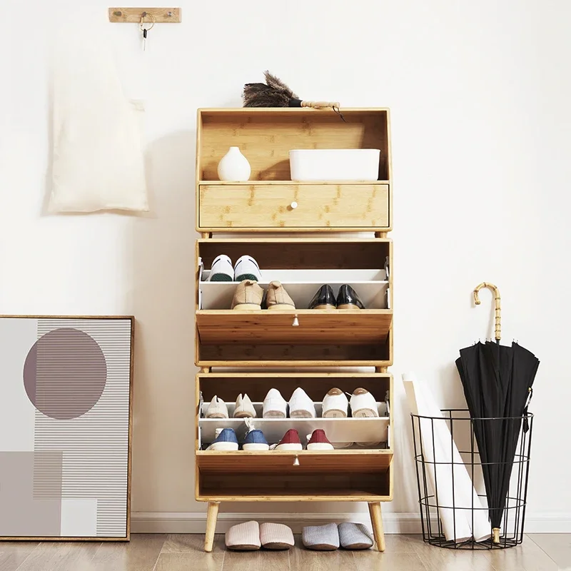 Minimalist Bamboo Shoe Cabinet Modern Flip Shoe Rack Spacious Doorway Organizer Customizable Storage Unit for Footwear