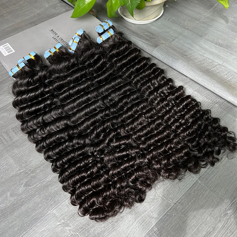 Deep Wave Tape In Human Hair Extensions Natural Curly Raw Unprocessed Hair Hair Invisible PU Skin Weft Tape High Quality 40PCS