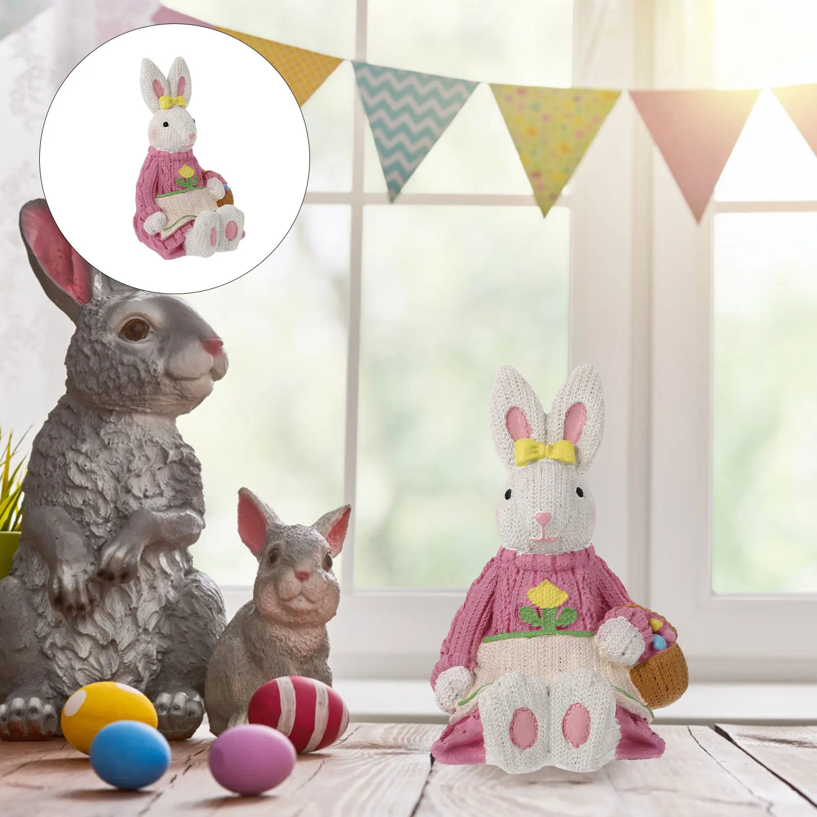 

1Pcs Easter Rabbit Ornament Weaving Effect Resin Desktop Decor Nursery Kindergarten Room Easter Gift Rabbit Model
