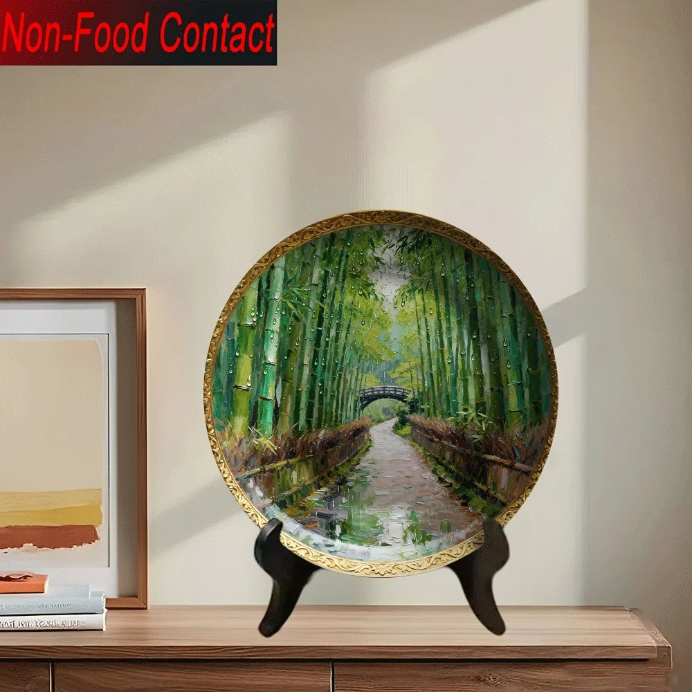 1pc Ceramic Decorative Plate - Bamboo Forest Landscape & Chinese Pavilion Round Art, Non- Ornamental Dish for Home Decor,