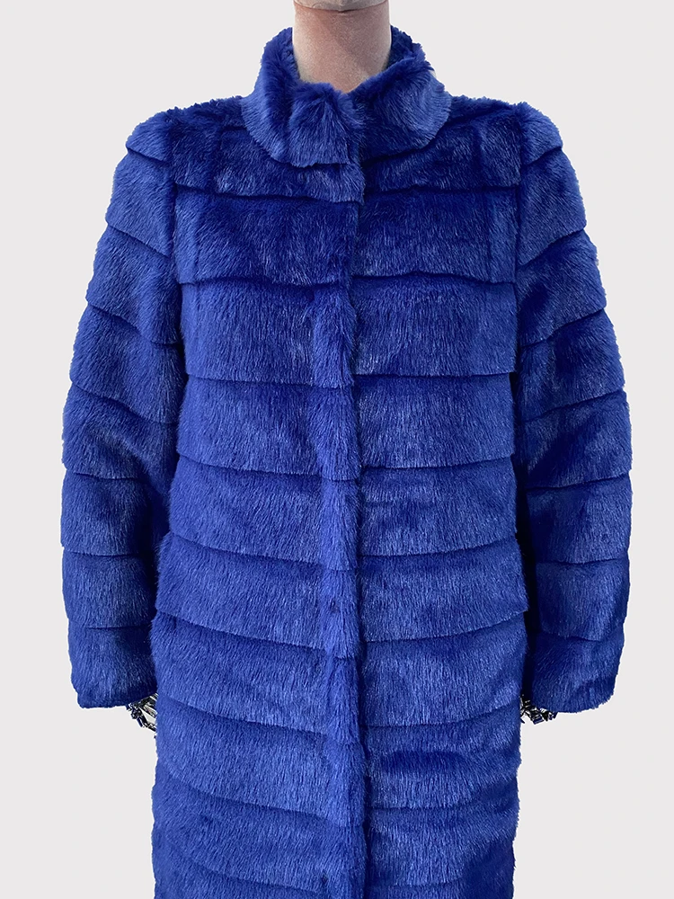 Nerazzurri Autumn Winter Extra Long Thick Warm Soft Fluffy Blue Striped Faux Mink Fur Coat Women Stand Collar Furry Overcoat