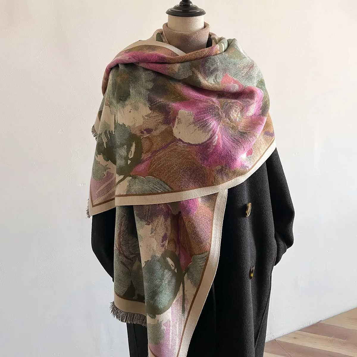 Luxury Winter Flower Cashmere Scarves High Quality Women Thicken Wrap Shawl Ladies Warm Wool Pashmina Oil Painting Besign Scarf