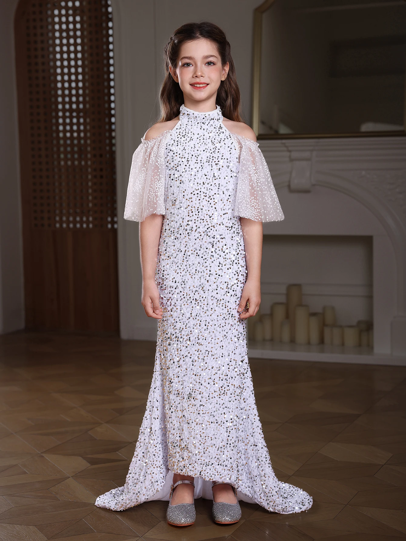 Charming Fish Tail Floor Length Gown For Girls, Sequin Trumpet Sleeves Splicing Mesh Maxi Dress For Prom Birthday Party