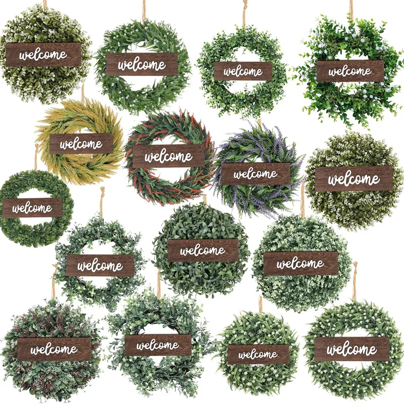 

30CM Green Eucalyptus Wreath With Welcome Sign Artificial Eucalyptus Wreath Spring Greenery Wreath For Front Door Wall Decor New