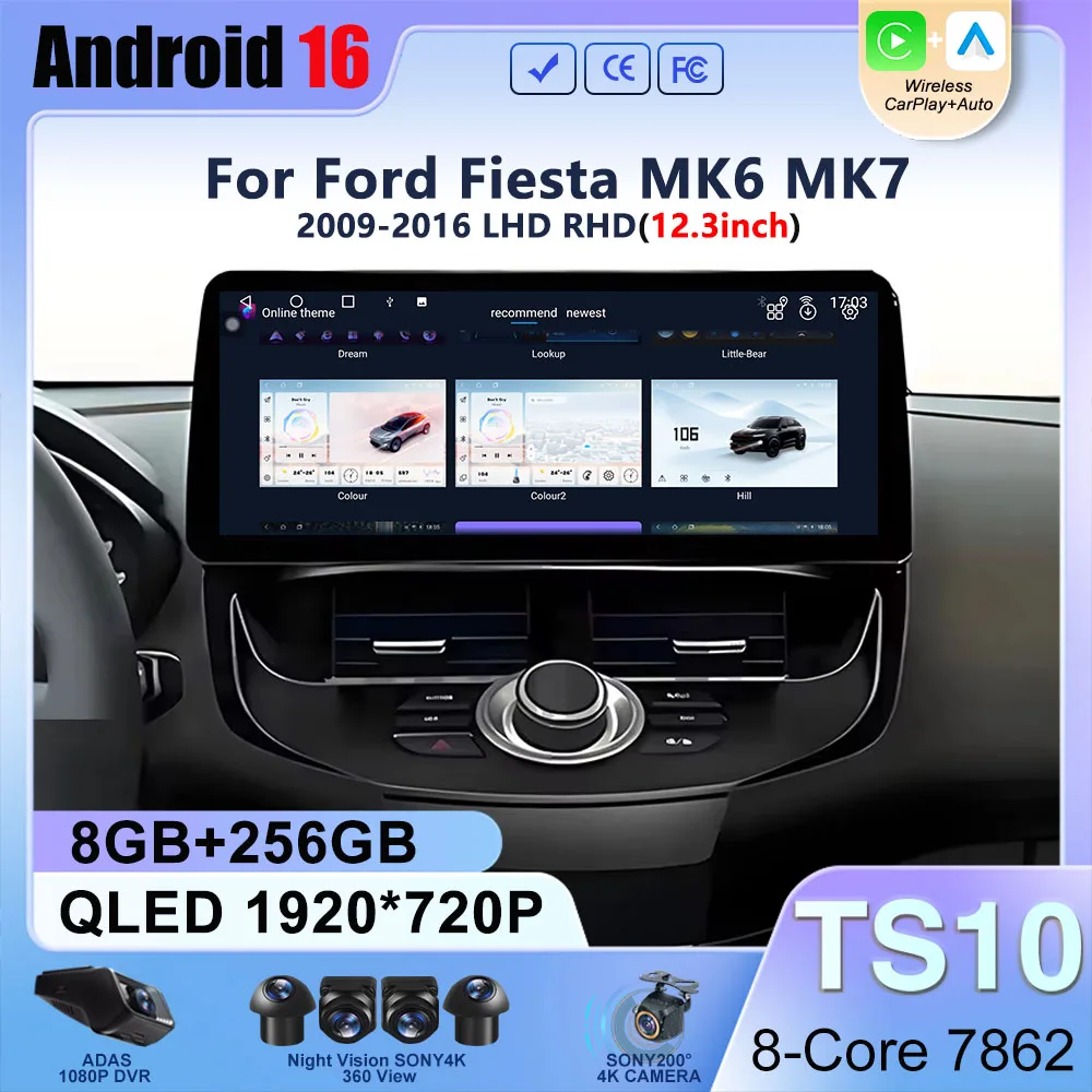 Radio Multimedia para Auto Android 16 de 12.3 Pulgadas para Ford Fiesta MK6 MK7 2009-2016 LHD RHD, Reproductor de Video, Navegación, Estéreo para Auto, GPS