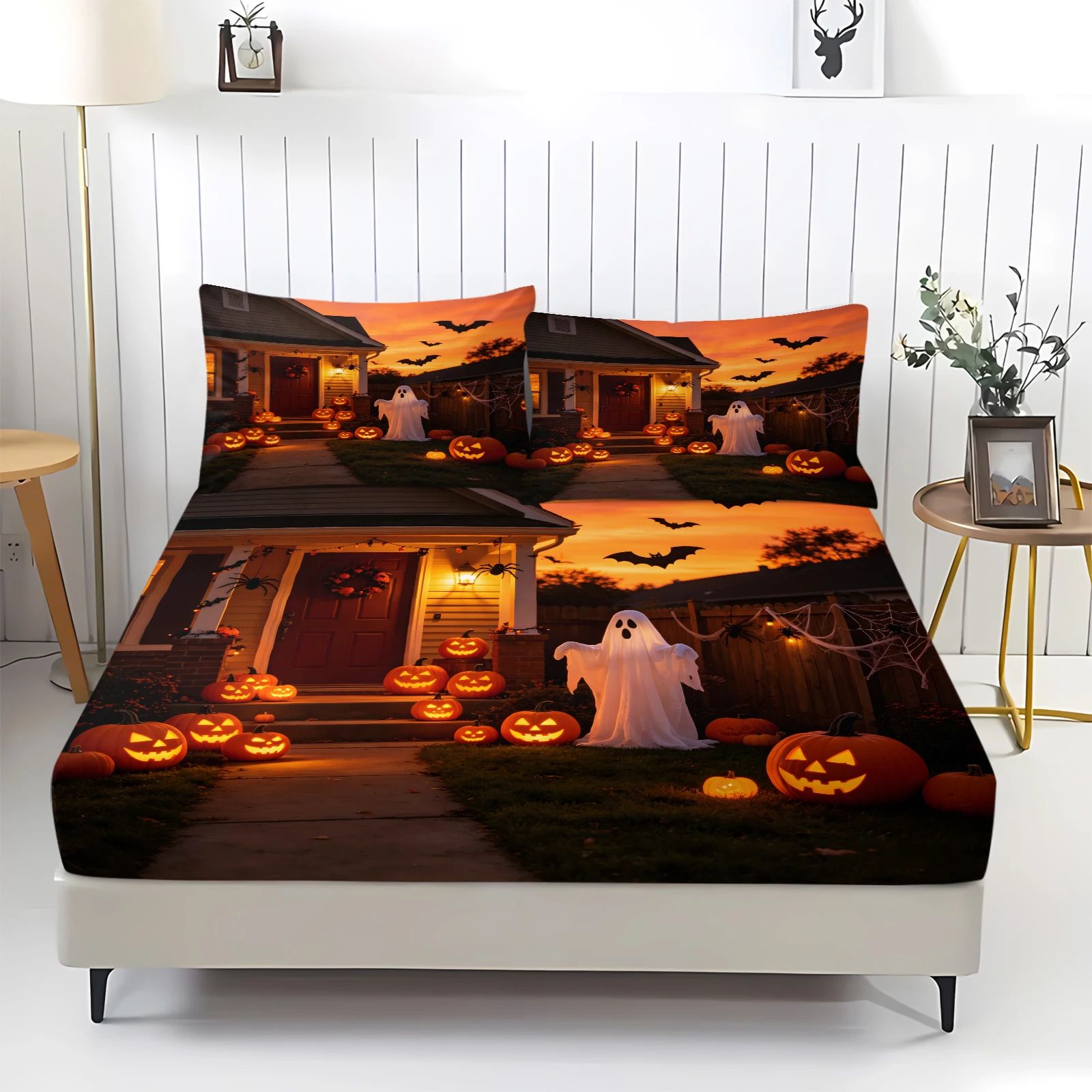 Halloween Ghost Pumpkin House Fitted Sheet Set Spooky Bat Spider Night Scene Elastic Mattress Cover 1 Fitted Sheet+2 Pillowcases