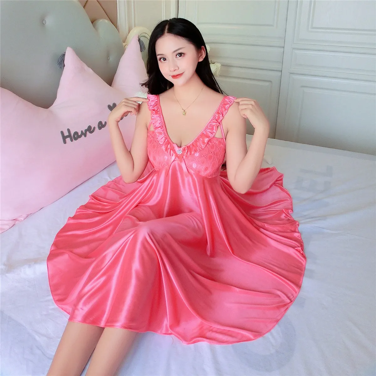 Ladies Sexy Silk Satin Night Dress Sleeveless Floral Nighties V-neck Nightgown Nightdress Lace Sleepwear Nightwear For Women