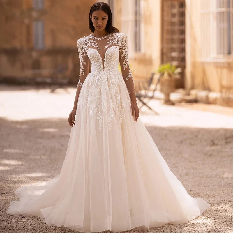 

Graceful Wedding Dress Embroidered Lace With Sequins Ball Gown Sleeveless O-Neck Customized Bridedress Lace Up Vestido De Novia