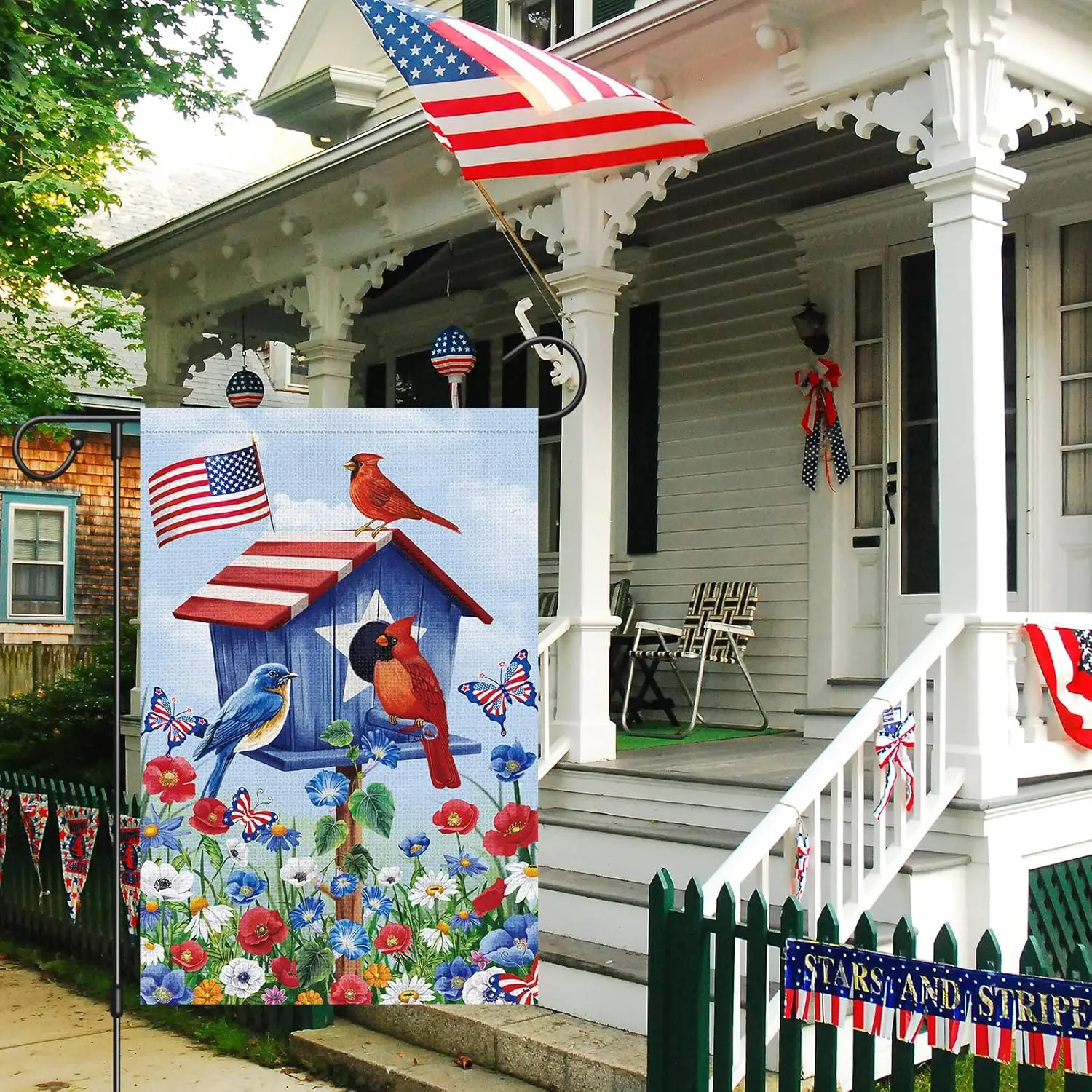 Louise Maelys 4th of July Birdhouse Garden Flag 12x18 Double Sided, Small Burlap Patriotic Floral Cardinal Bird Garden Yard Hous