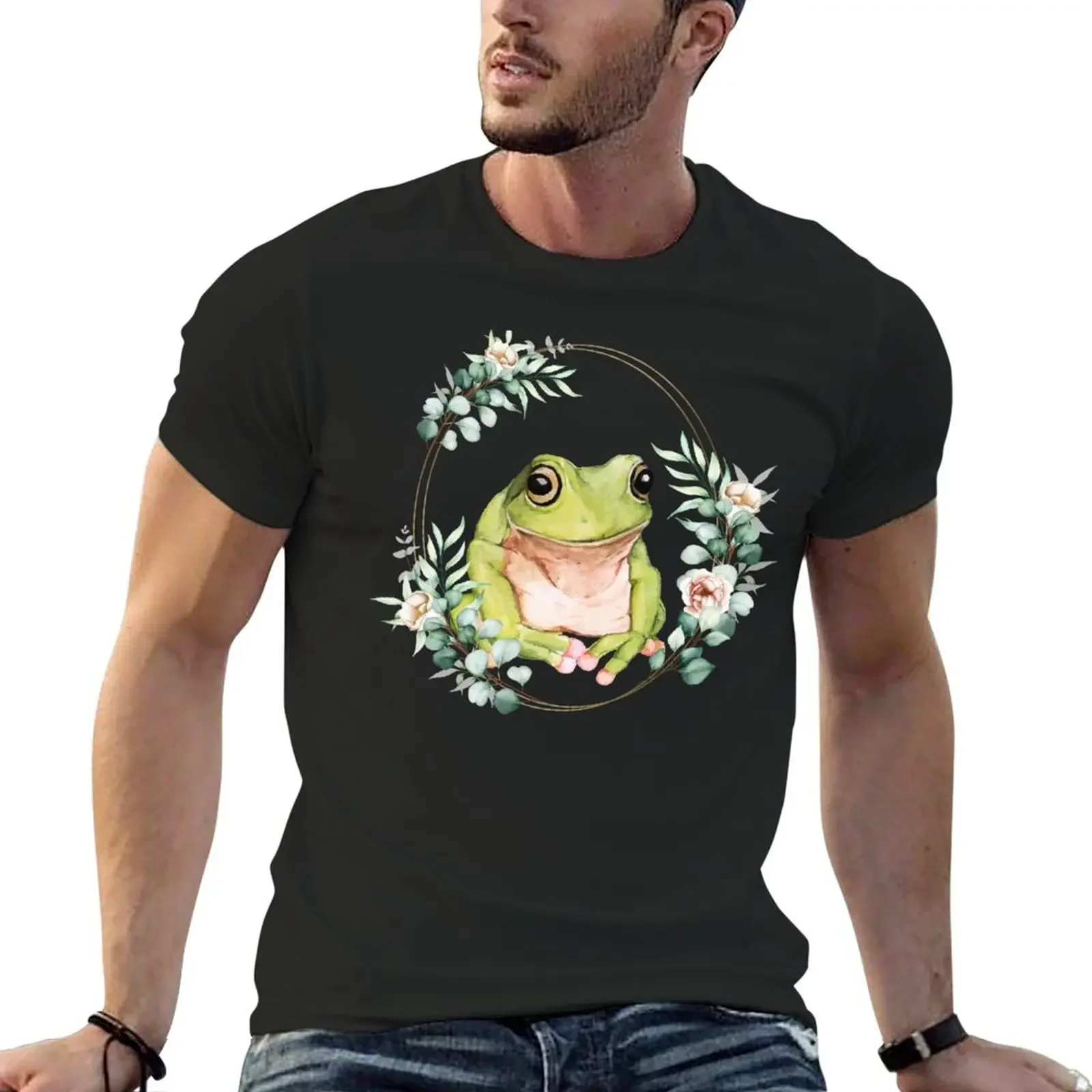 Green Frog in a Floral Gold Wreath Frame T-Shirt korean fashion oversized sweat anime stuff plain white t shirts men