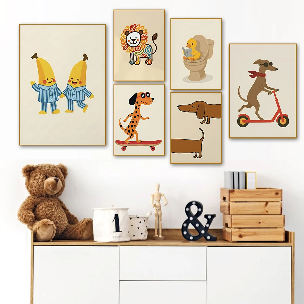 1PC frameless decorative art print,Funny Duck Dog Lion Bathroom Wall Art for Kids Room Decor, Cute Banana Pajama Animal Print, P