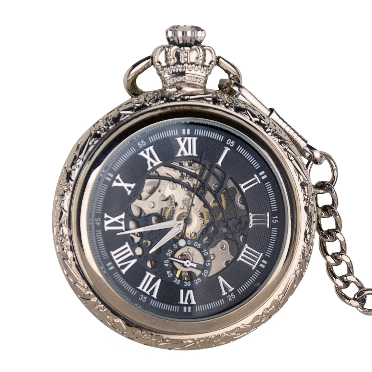 Clássico prata numeral romano dial relógio de bolso mecânico automático vintage steampunk corrente pingente presente reloj de bolsillo