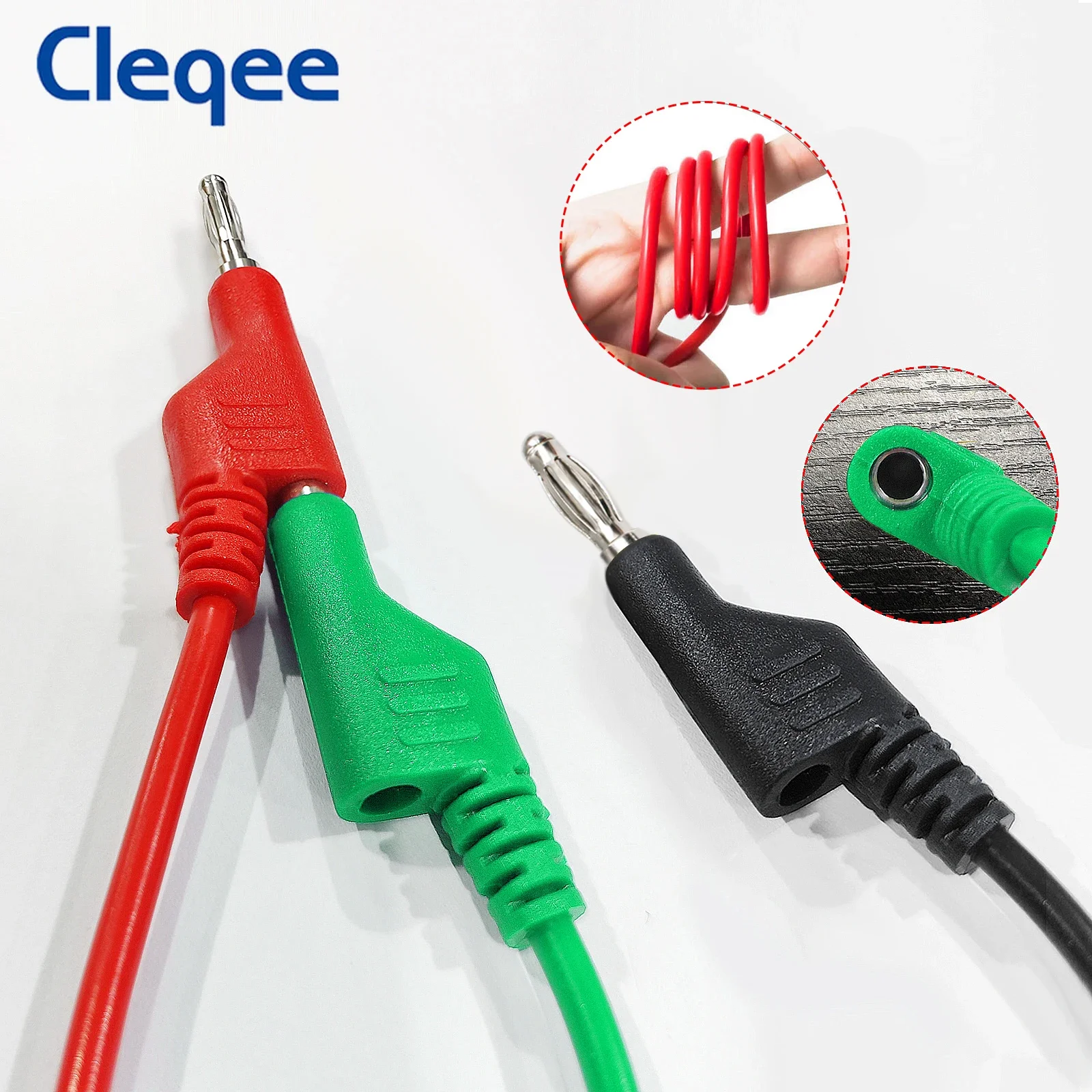 Cleqee-cables de prueba de multímetro P1036, enchufe Banana apilable de 5 piezas y 4mm, Cable de enchufe Banana de cobre Dual de 100cm, Cable