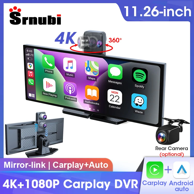 Srnubi 11.26 "Carplay جهاز تسجيل فيديو رقمي للسيارات 4K + 1080P داش كام 2160P تدوير عدسة أمامية مسجل أندرويد السيارات مرآة ربط Ai صوت #1