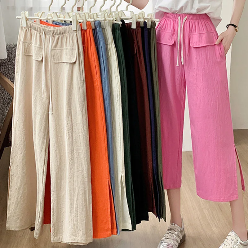Neue Frauen Baumwolle Hosen Beiläufige Breite Bein Elastische Taille Lose stil Weibliche Hose Frühling Sommer Frauen Kalb-Länge Hosen