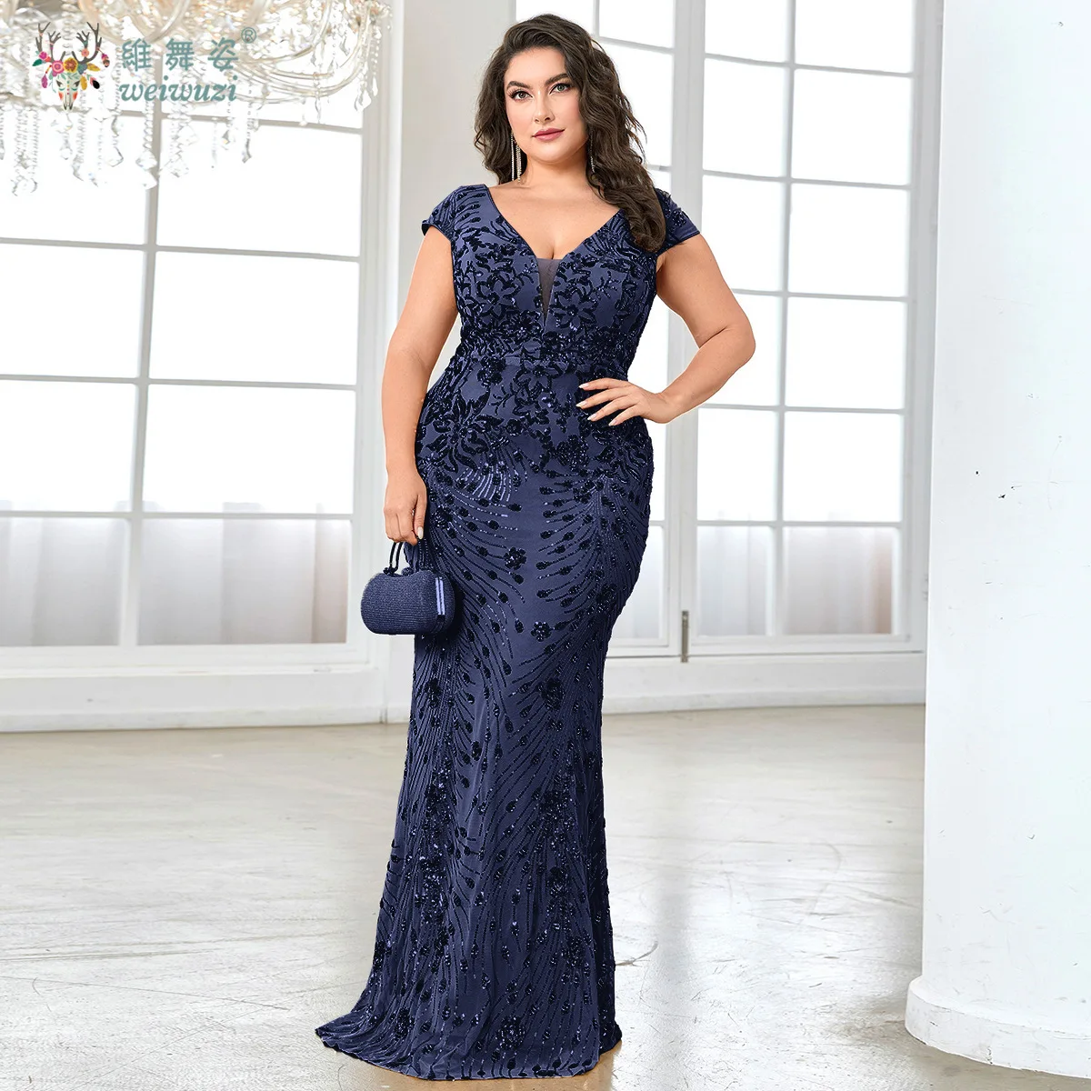 

Plus Size Elegant V-back Evening Dresses Women Luxury Mermaid Formal Sequins Deep V-neck Prom Wedding Party Cocktail Gowns