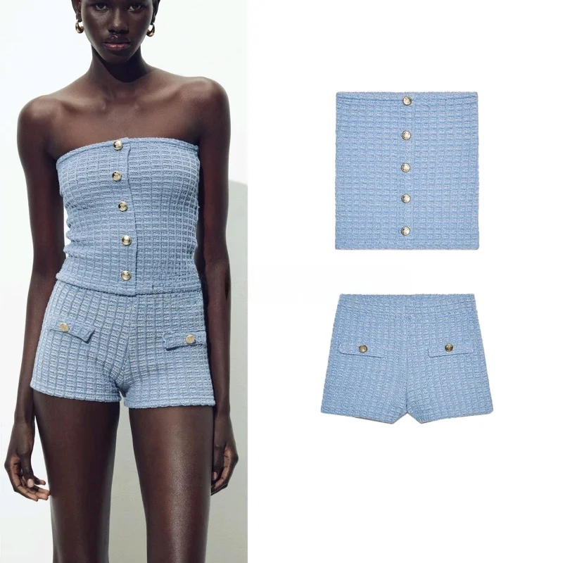 Fashionable Knitted Two-Piece Set Texture Strapless Elastic Top High Waist Shorts round Neck Button Closure Summer Collection