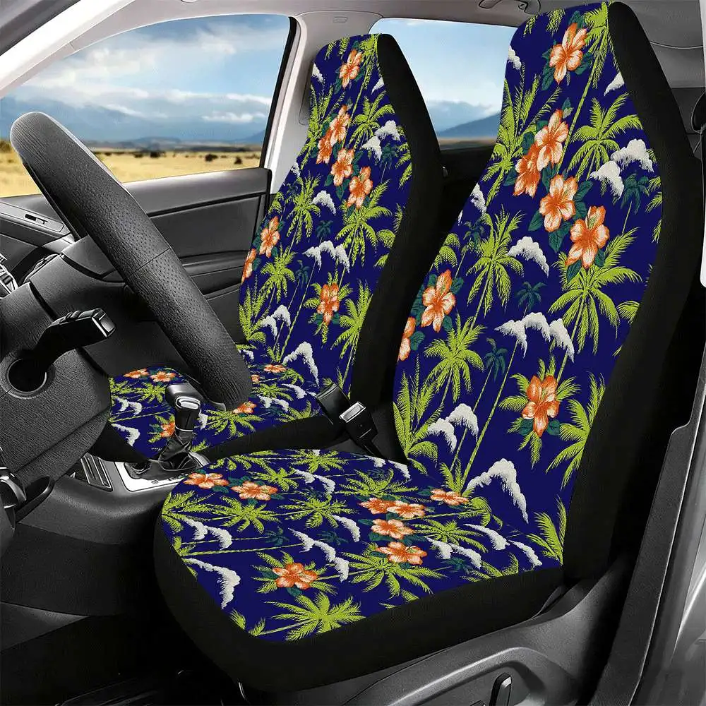 2pcs Tropical Hibiscus & Palm Tree Car Seat Covers - High Back Design, Durable Polyester, Fit For Cars, SUVs, Trucks - Vibrant &