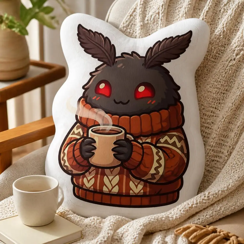 Cute Mothman Folklore Shaped Pillow Tea Drinking Sweater Cushion Cryptid Throw Pillow Autumn Sofa Living Room Decor Gift