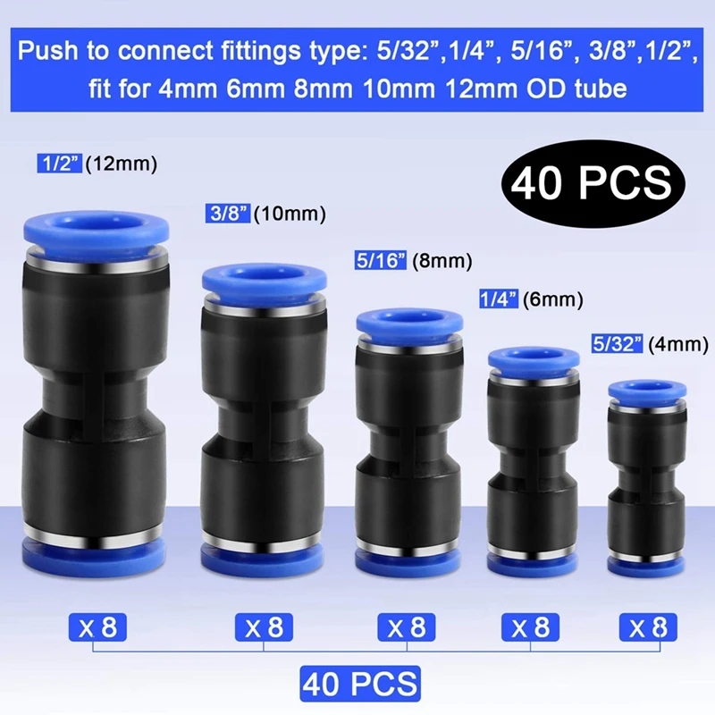 Push-On Direct Coupling, Pneumatic Air Line Connector Direct Connection (4Mm/6Mm/8Mm/10Mm/12Mm)40 PCS