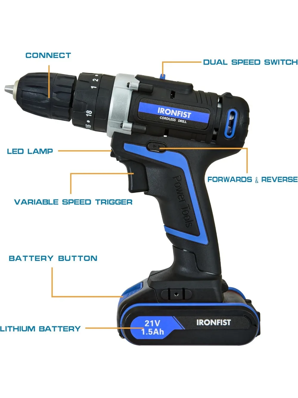 Cordless Drill, 2 Variable Speed Impact Driver 45Nm Torque, 3/8