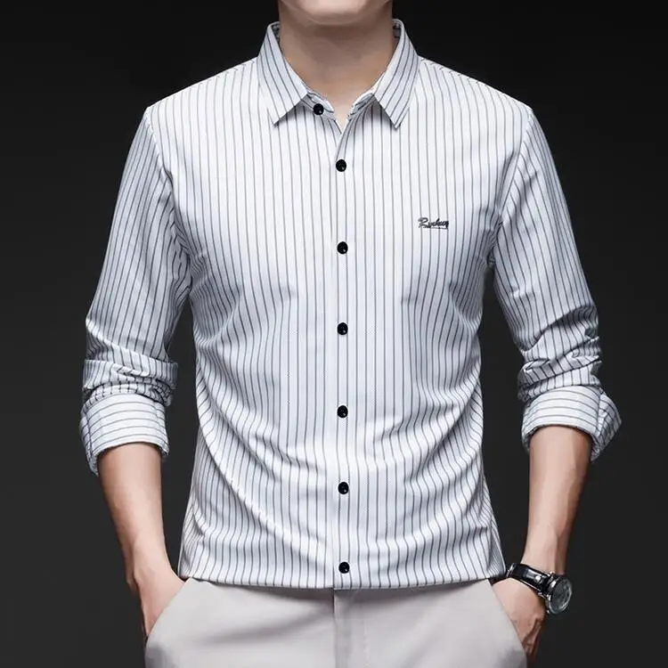 

Autumn New Style Men's Long Sleeve Striped Shirt Casual Base Layer Top Polyester No Iron Treatment Printed Polyester Fiber