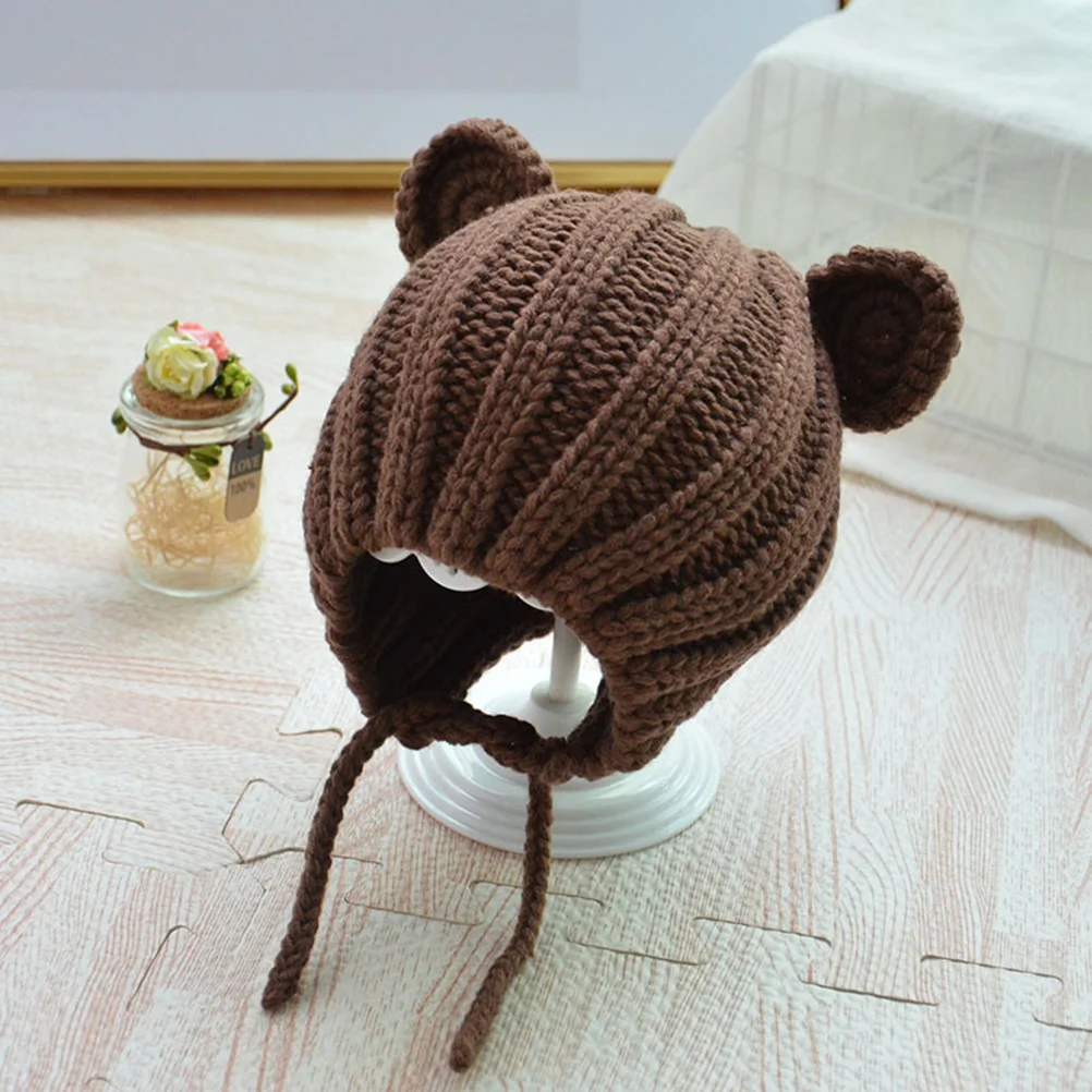 

Kids Bear Ears Wool Hat Coffee Tone Cozy Knit Cap for Autumn Winter Warmth Stretchable Baby Beanie Comfortable Fit