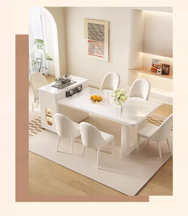 

Cream style downfall dining table integrated with retractable high-end light luxury style, small-sized unit with island table