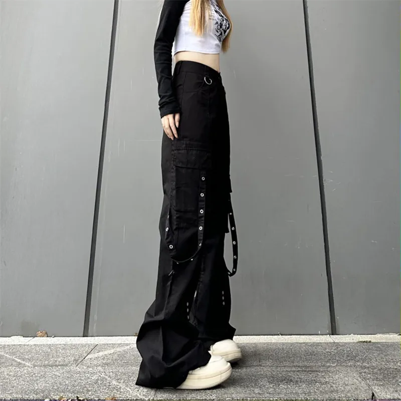 2023 Roupa Y2K Streetwear Moto Biker Black Straight Flare Cargo Jeans Pants Women Goth Clothes Harajuku Fashion Lady Trousers