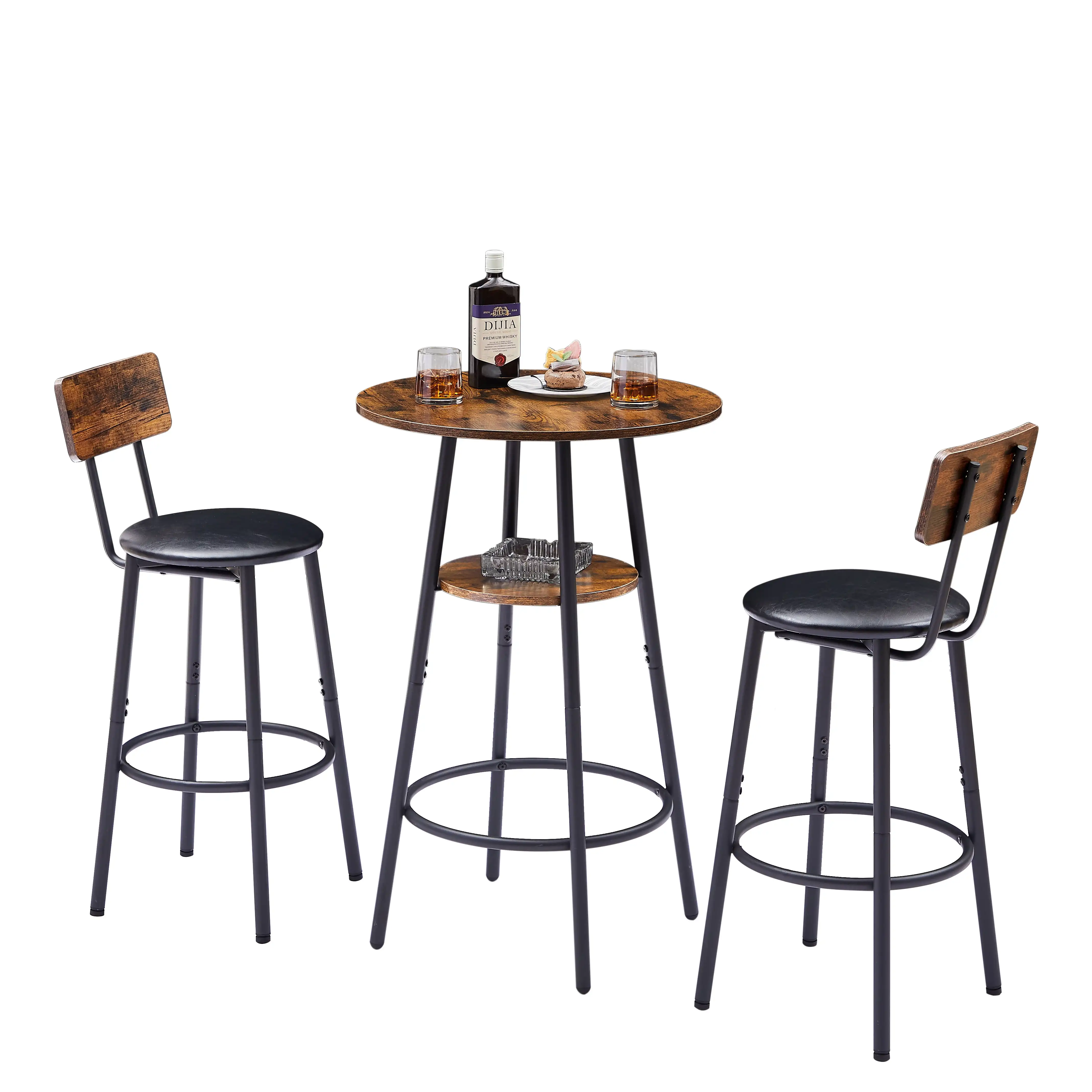 3-Piece Bar Table Set, Round Pub Dining Table & PU Upholstered Stools with Backrest for Kitchen Small Space, Rustic Brown