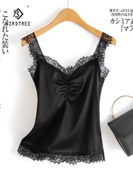 Birdtree, 92% Silk Smooth Satin Suspender Vest, Women Versatile Lace Solid Bottom Camisole Tops, 2024 Spring Summer P3D027QC