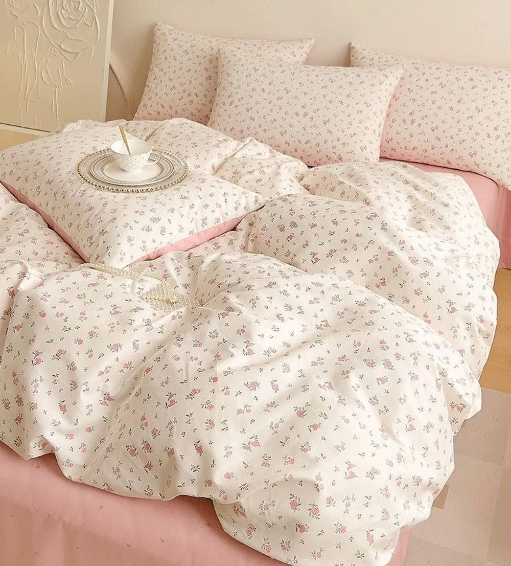 Ins Floral Bedding Set Girl Favorite Pink Single Double Queen Size Duvet Cover No Filler Flat Sheet Pillowcase Home Bed Linens