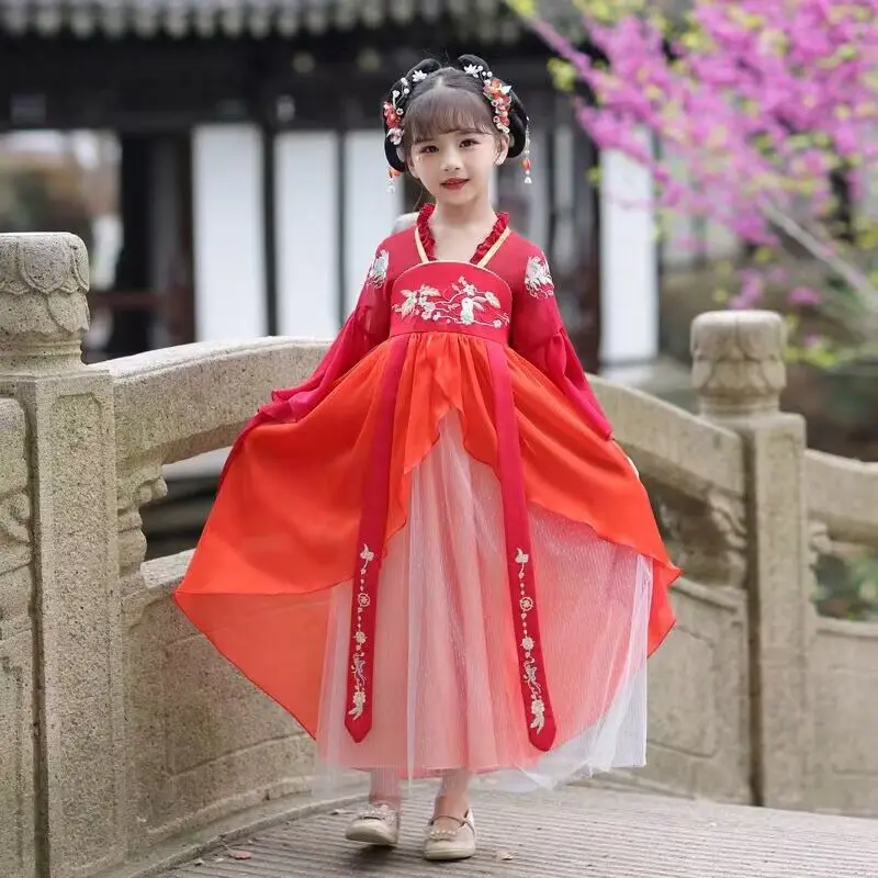 Disfraz de princesa tradicional china para niñas, vestido Hanfu rojo para niños, primavera y verano, Año Nuevo