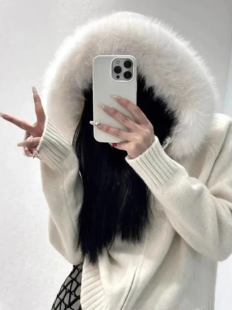 Vintage Hooded Knit Cardigan Women Casual Solid Simple Large Fur Collar Sweater Fall Winter Loose Long Sleeve All Match Tops New