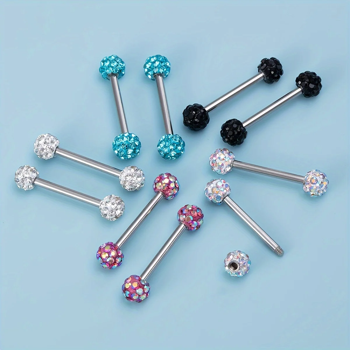 2pcs Bling Rhinestone Tongue Piercings Nipple Barbell 14G Stainless Steel Bar Tongue Rings Stud Piercing jewelry 12/14/16/18mm
