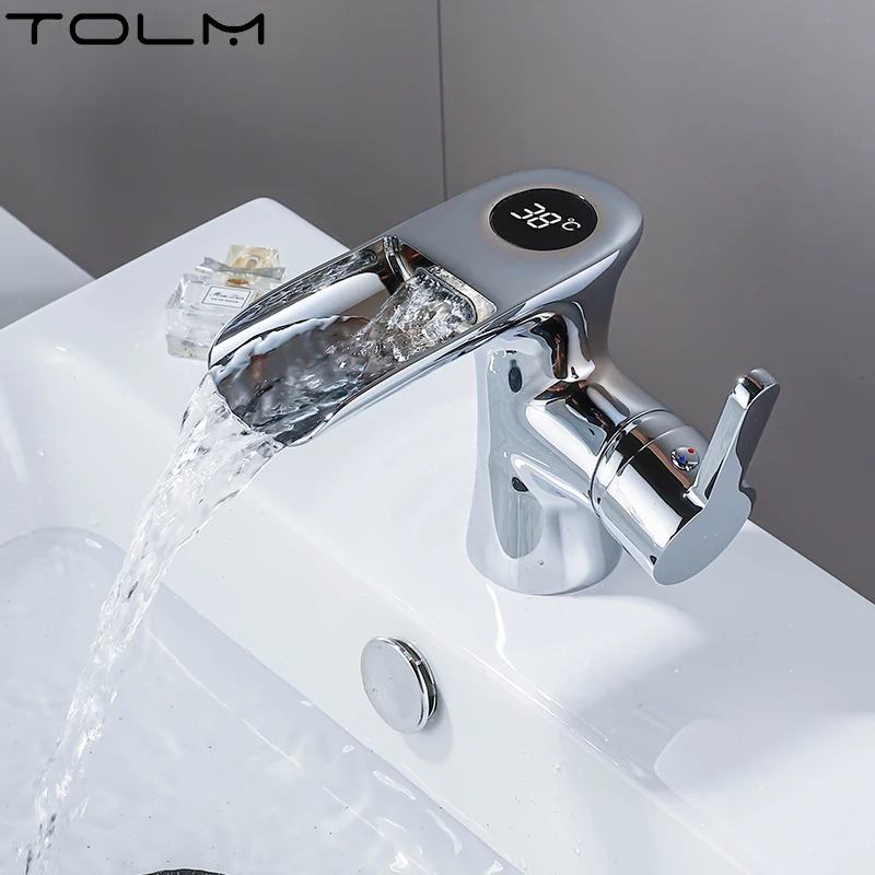 

Becola Temperature Bathroom Basin Digital Display Faucet Single Handle Waterfall Spout Faucets Deck Mount Mixer Cold Hot Taps