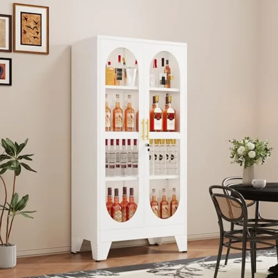 61 Tall Metal Curio Cabinet for Collectibles Display, White Glass Door Showcase with 4-Tier Adjustable Shelves, Locking Liquor