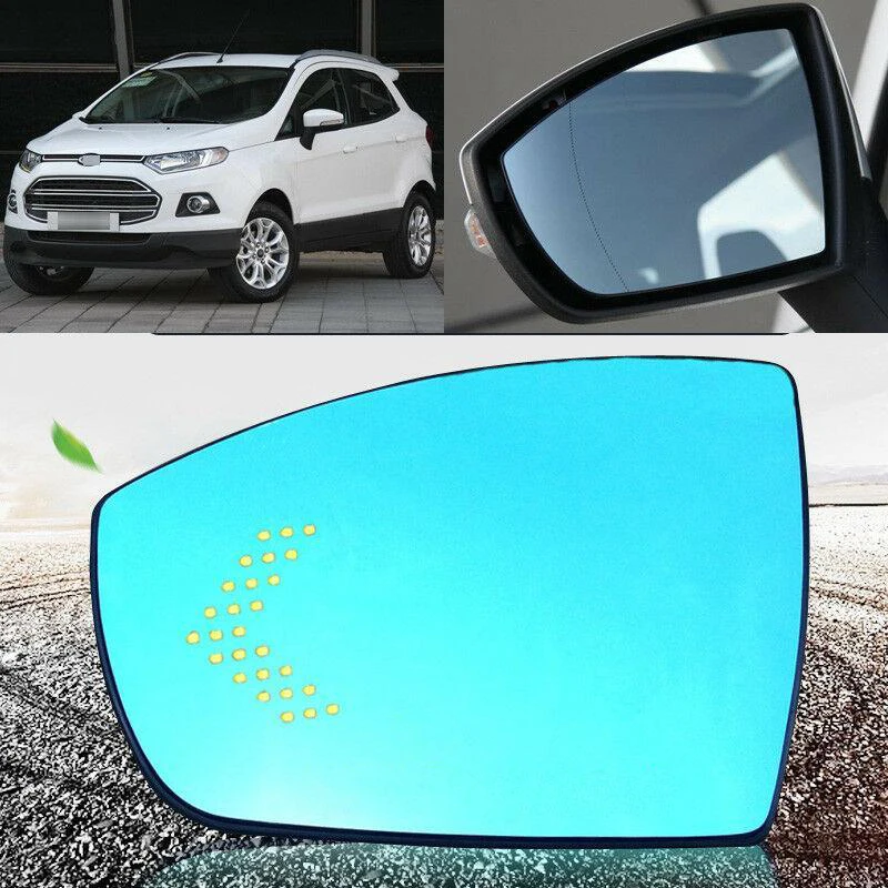 For Ford Kuga Ecosport Heating Blue Lens Large Vision Rearview Mirror Wide Angle Blue Glass Anti-Glare Turn Single Lamp