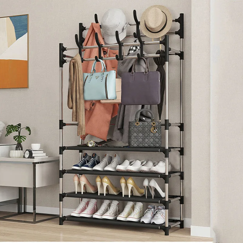 Simple floor to floor clothes rack shoe rack integrated combination shoe and hat rack, hanging clothes rack multi-la yer trouser