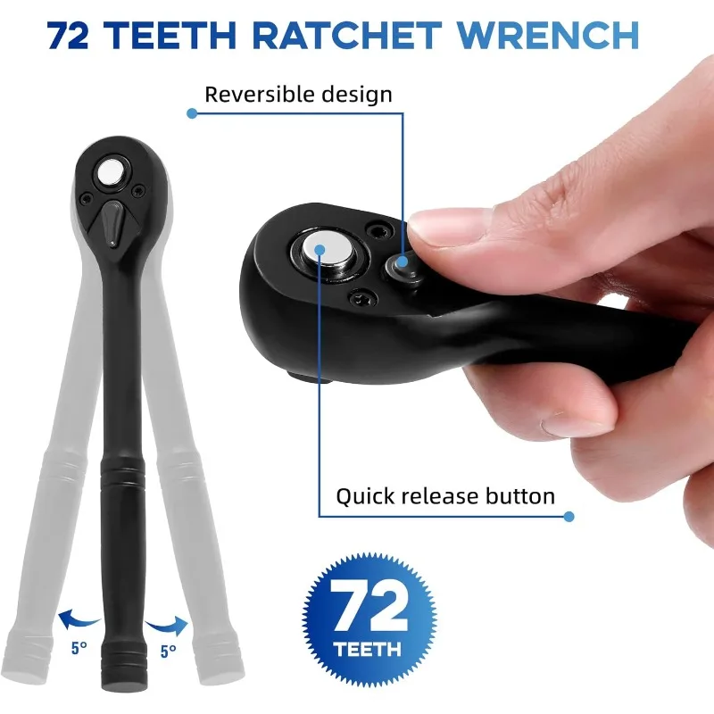 مجموعة مقابس محرك 50 قطعة 3/8 بوصة، SAE (5/16 بوصة - 3/4 بوصة) ومترية (8 مم - 22 مم)، عميق وضحل، مفتاح ربط بسقاطة 72 سنًا، قضبان تمديد