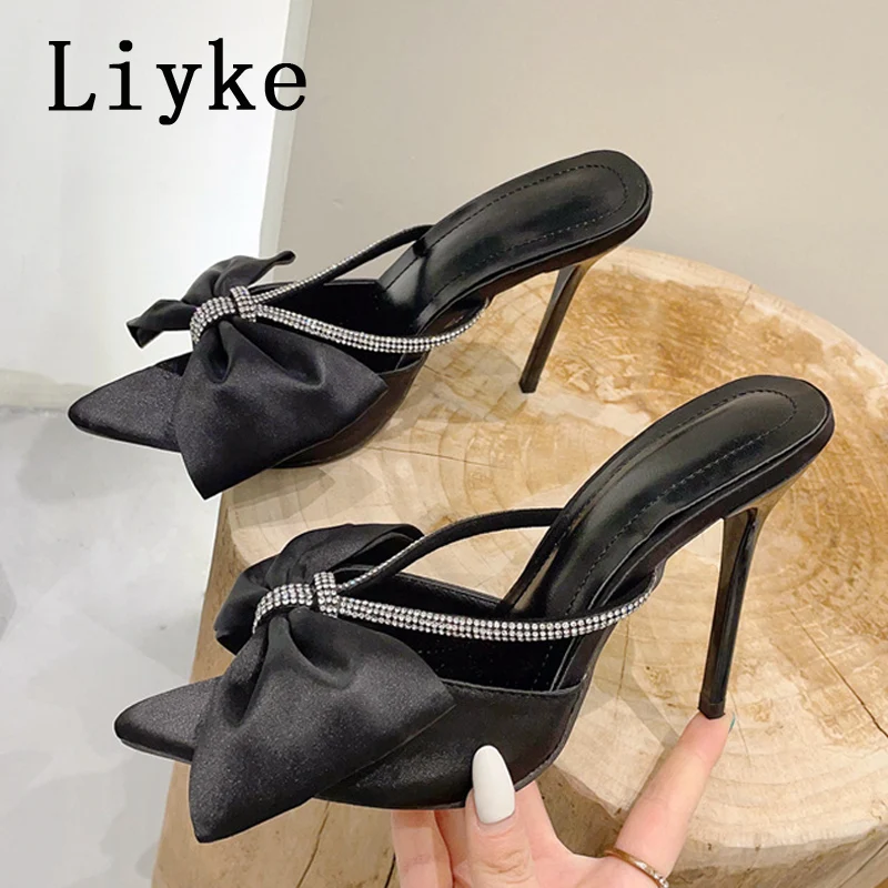 Liyke Sexy Party Nightclub Stripper Heels 11CM Slippers Fashion Bowknot Pointed Open Toe Crystal Rhinestone Shoes Women Sandals