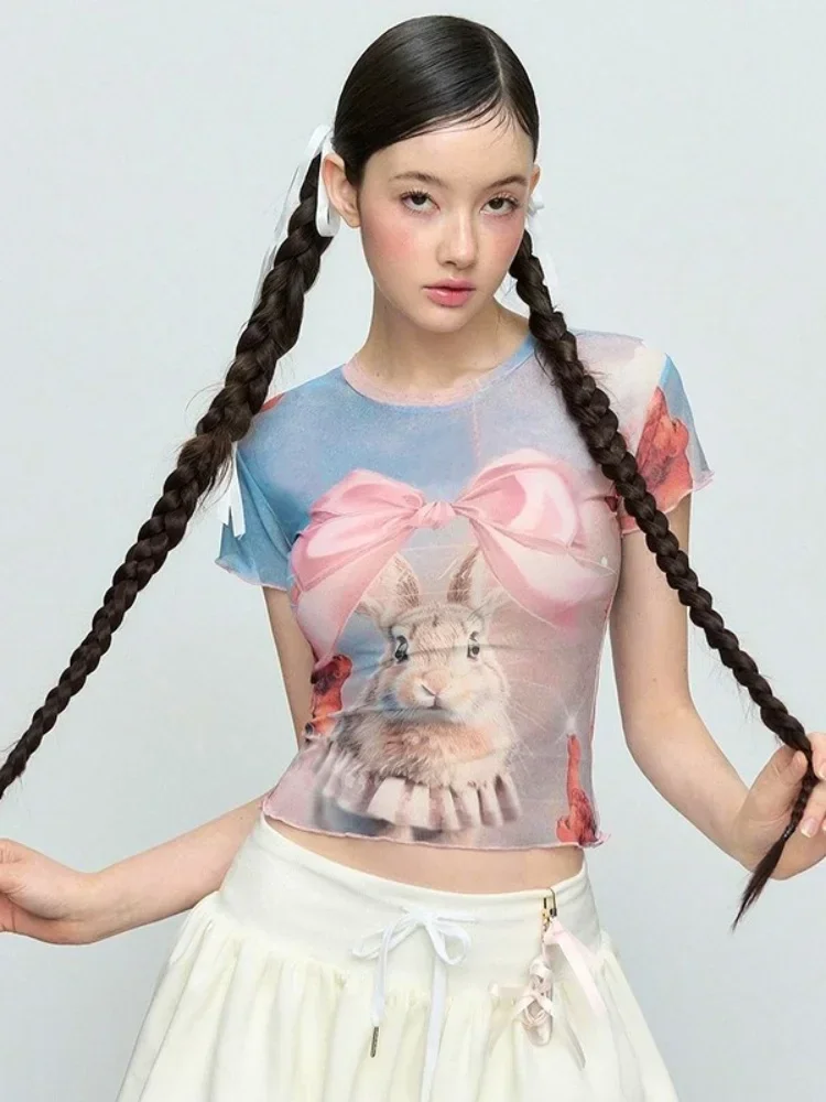 

See Through Graphic T Shirts Bow Tie Rabbit Streetwear O-Neck Crop Top Short Sleeve Shirts For Women Women Clothing Camisetas