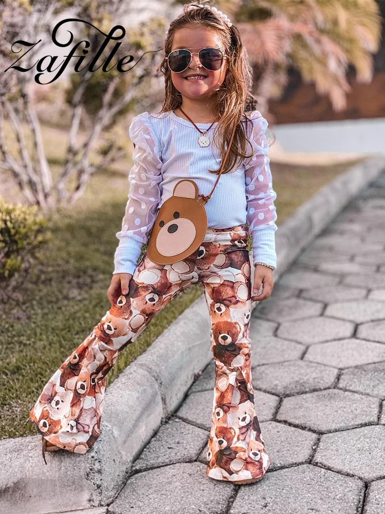 ZAFILLE Spring Girls Baby Set Lace Sleeve Top+Bear Printed Bell Bottom Pants 2022 Fashion Kids Toddler Costume Cute Girls Suits