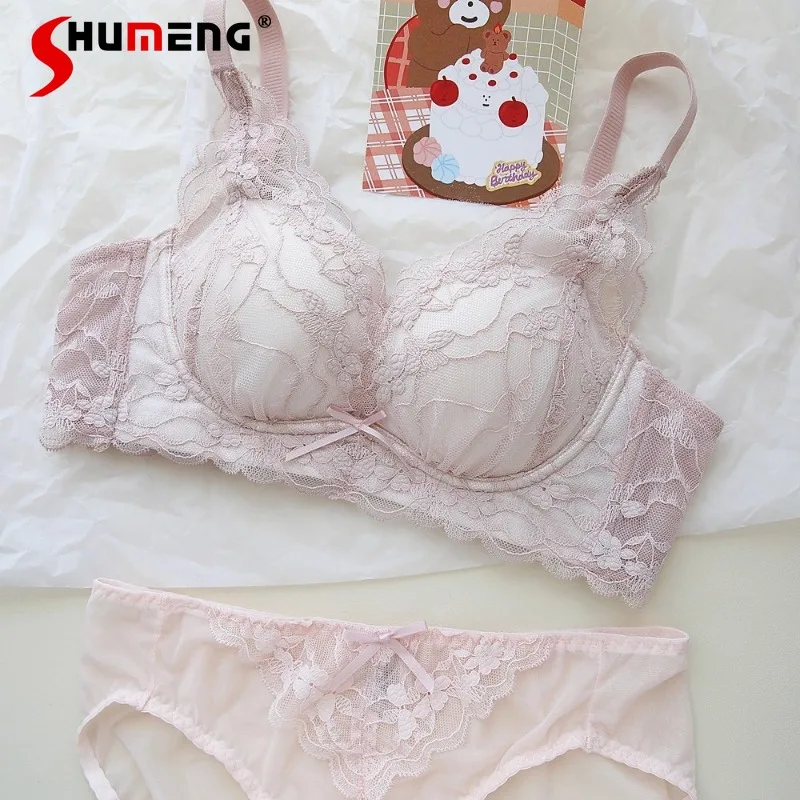 الصدر الصغيرة رفع اللاسلكية الدانتيل الصدرية مجموعة الإناث الدانتيل مثير الملابس الداخلية دعوى المرأة النمط الياباني الحلو لطيف موجز الدعاوى