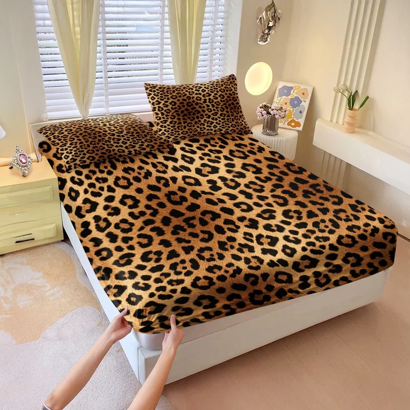 3Pcs Fitted Sheet Set,Retro Leopard Print Elastic Deep Pocket Bedding,Breathable Machine Washable,American Style Bedroom Upgrade