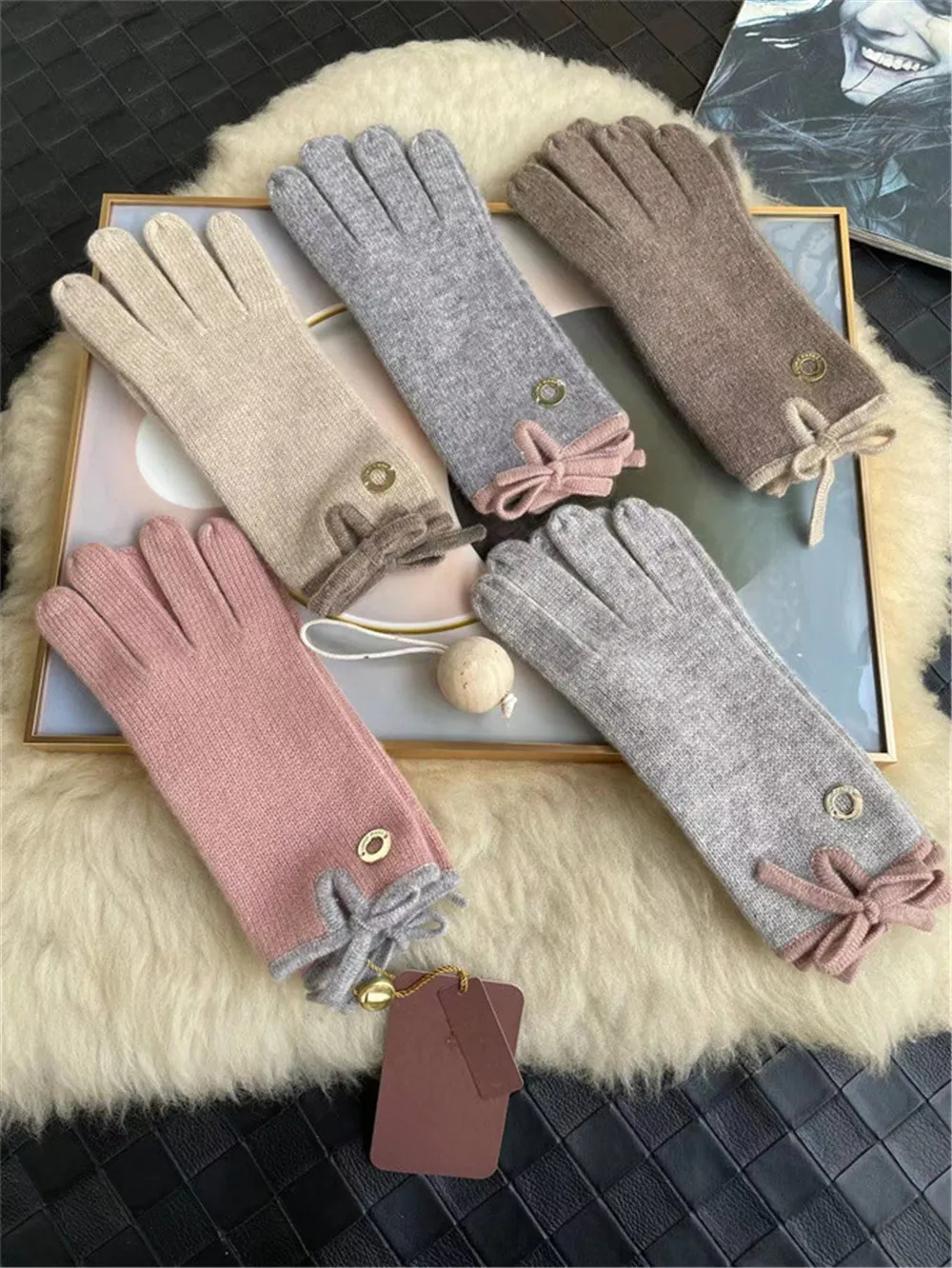 100% Cashmere Knitted Bow Gloves Women\'S Winter Warm L*P Outdoor Mittens