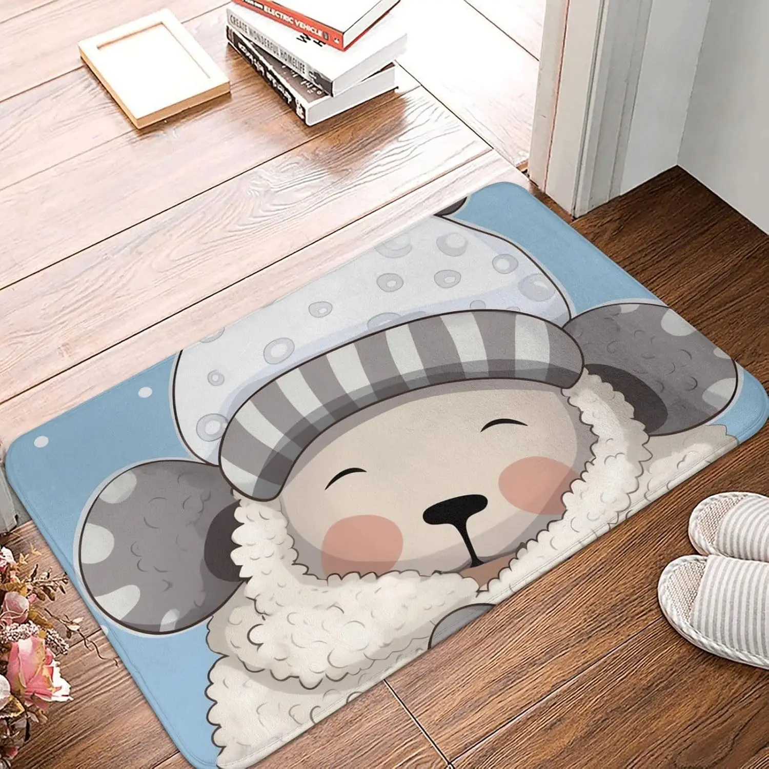 Cute Cartoon Sheep Door Mat, Winter Lamb Beanie Hat Floor Mat, Soft Animal Face Entrance Rug, Non-slip Washable Kids Bedroom
