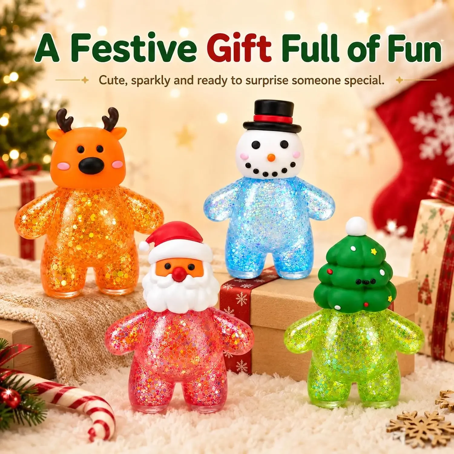 1pcs Glitter Christmas Stretch Squishy Toys TPR Soft Squeeze Anti Stress Toy Xmas Stocking Stuffers Birthday Party Bag Fillers